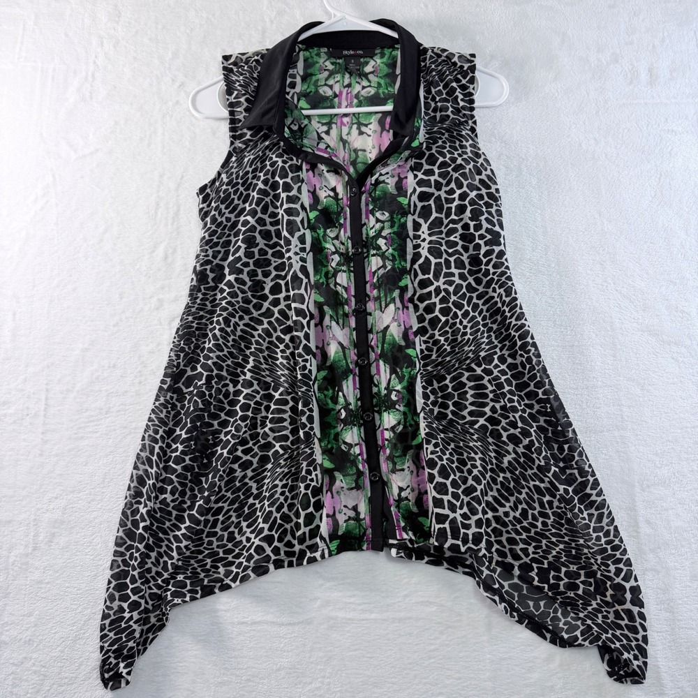 Style & Co Sleeveless Tunic Top Animal Print Floral Overlay Sharkbite Hem Size S